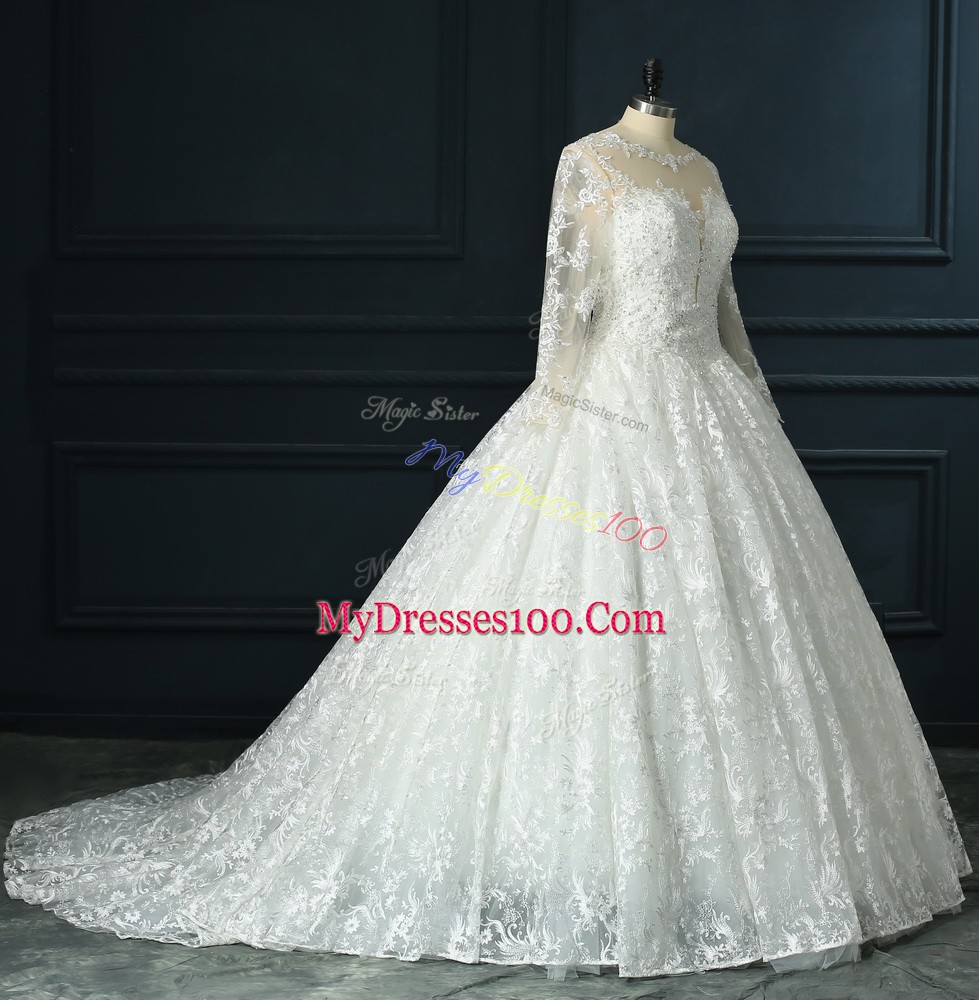 Brush Train Ball Gowns Wedding Dresses White Scoop Lace Long Sleeves Zipper
