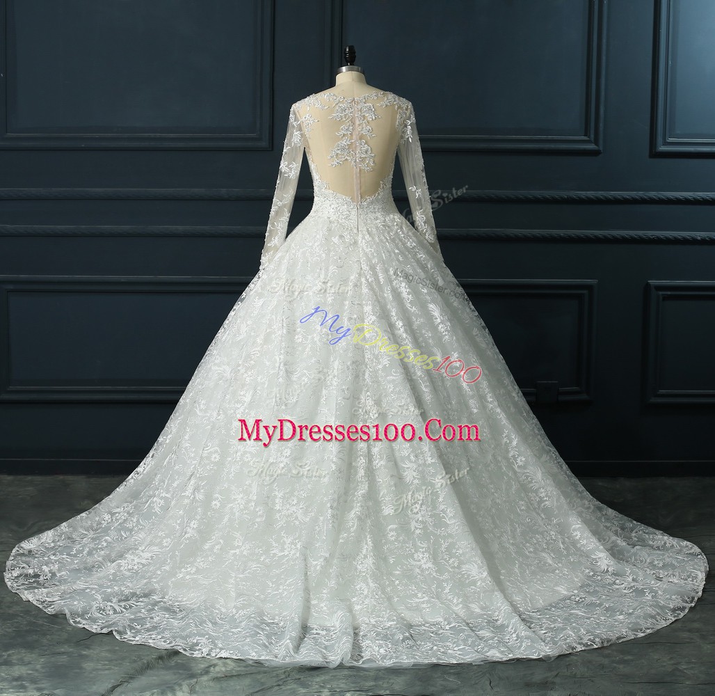 Brush Train Ball Gowns Wedding Dresses White Scoop Lace Long Sleeves Zipper