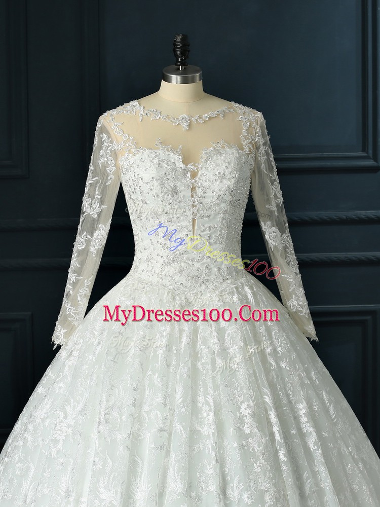 Brush Train Ball Gowns Wedding Dresses White Scoop Lace Long Sleeves Zipper