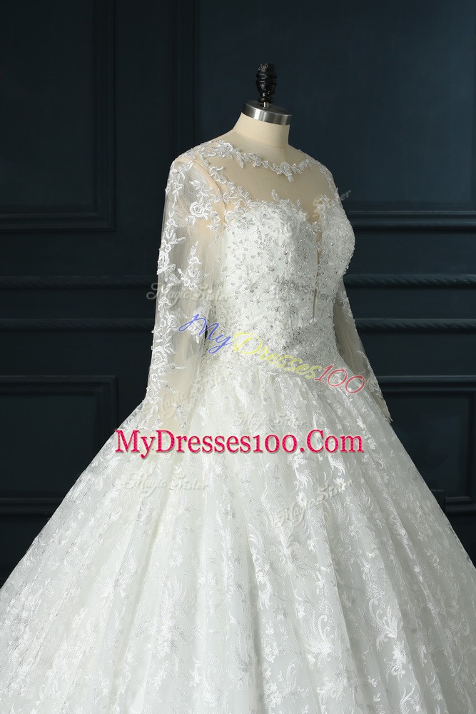 Brush Train Ball Gowns Wedding Dresses White Scoop Lace Long Sleeves Zipper