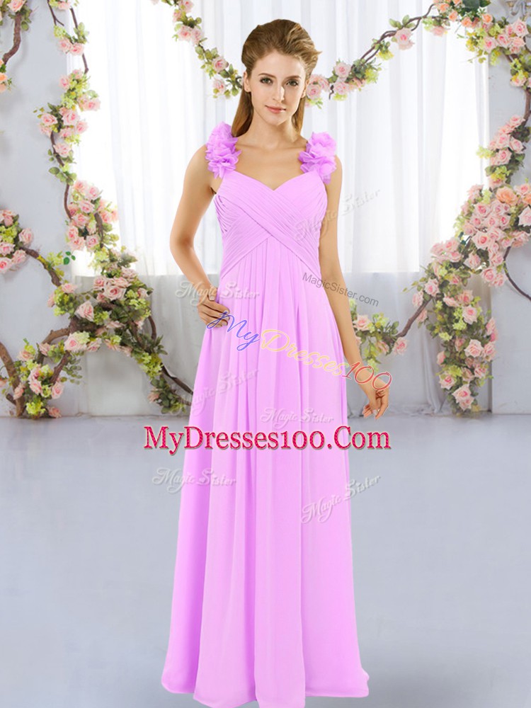 Lilac Chiffon Lace Up Bridesmaids Dress Sleeveless Floor Length Hand Made Flower