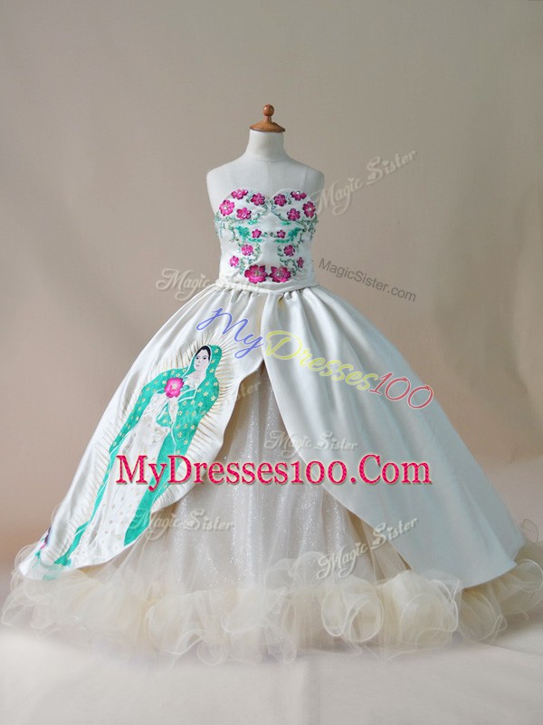 Superior Sleeveless Satin Sweep Train Lace Up Kids Formal Wear in Champagne with Embroidery