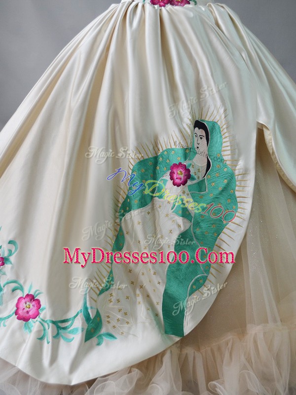 Superior Sleeveless Satin Sweep Train Lace Up Kids Formal Wear in Champagne with Embroidery