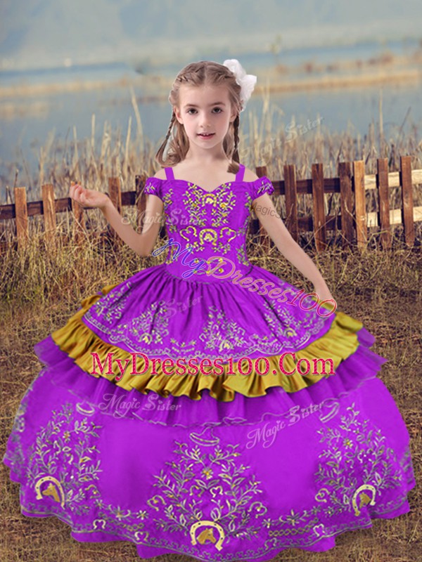 Floor Length Lace Up High School Pageant Dress Purple for Wedding Party with Beading and Embroidery