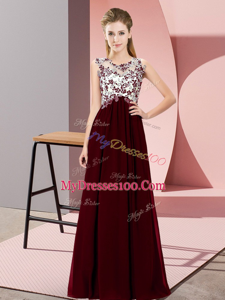 Gorgeous Burgundy Empire Beading and Appliques Bridesmaid Gown Zipper Chiffon Sleeveless Floor Length