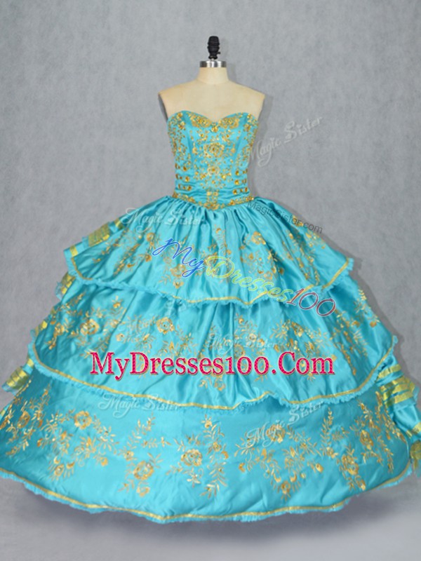 Baby Blue Sleeveless Embroidery and Ruffled Layers Floor Length Vestidos de Quinceanera