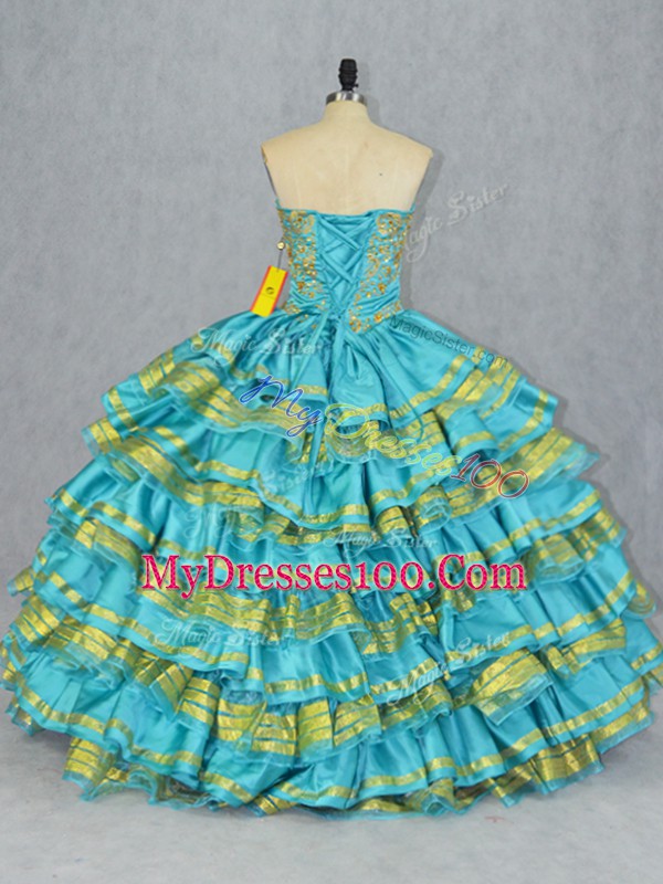Baby Blue Sleeveless Embroidery and Ruffled Layers Floor Length Vestidos de Quinceanera