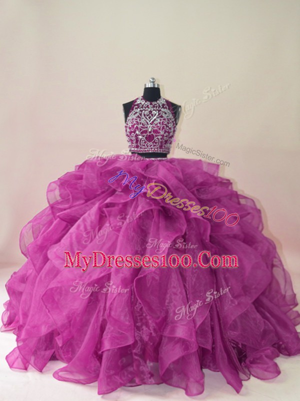 Latest Fuchsia Scoop Backless Beading and Ruffles Vestidos de Quinceanera Brush Train Sleeveless