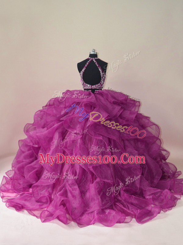 Latest Fuchsia Scoop Backless Beading and Ruffles Vestidos de Quinceanera Brush Train Sleeveless