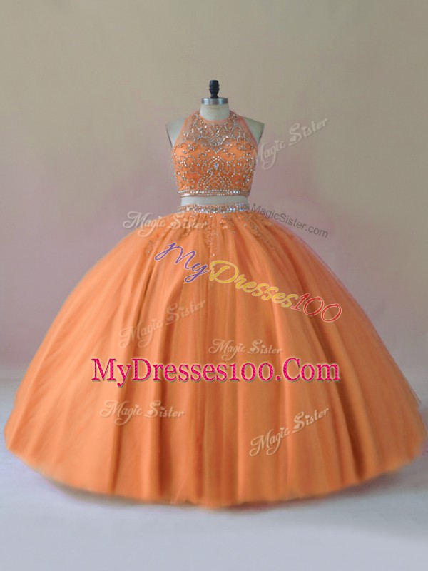 Custom Fit Orange Two Pieces Beading 15 Quinceanera Dress Backless Tulle Sleeveless Floor Length