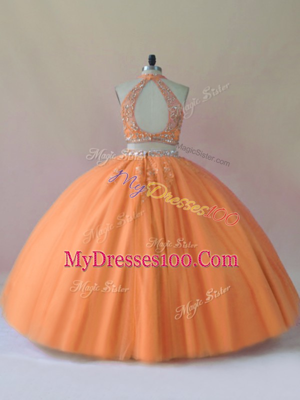 Custom Fit Orange Two Pieces Beading 15 Quinceanera Dress Backless Tulle Sleeveless Floor Length