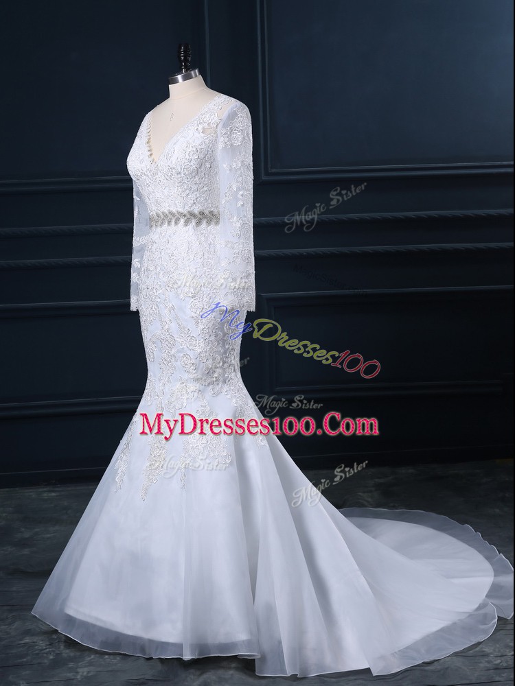 Long Sleeves Beading and Lace Backless Wedding Dress with White Brush Train
