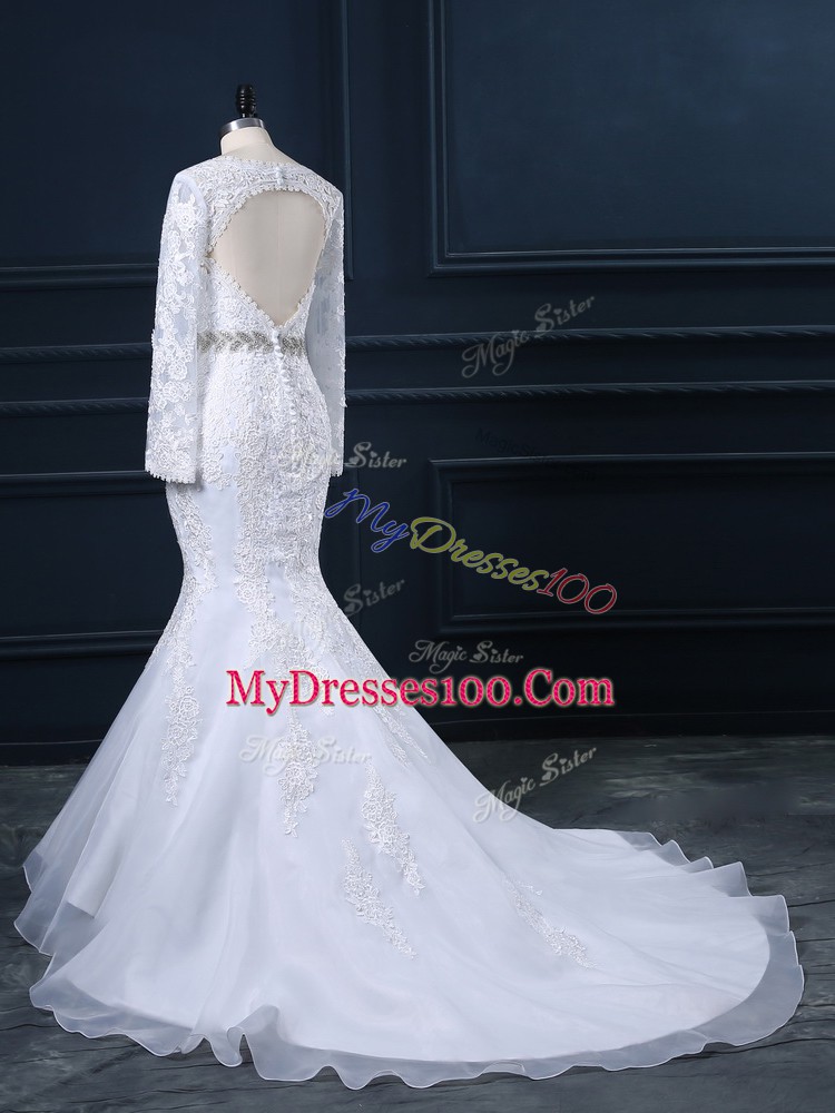 Long Sleeves Beading and Lace Backless Wedding Dress with White Brush Train