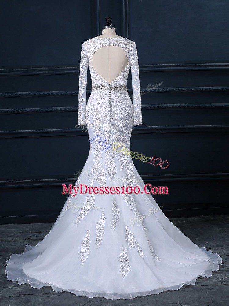Long Sleeves Beading and Lace Backless Wedding Dress with White Brush Train