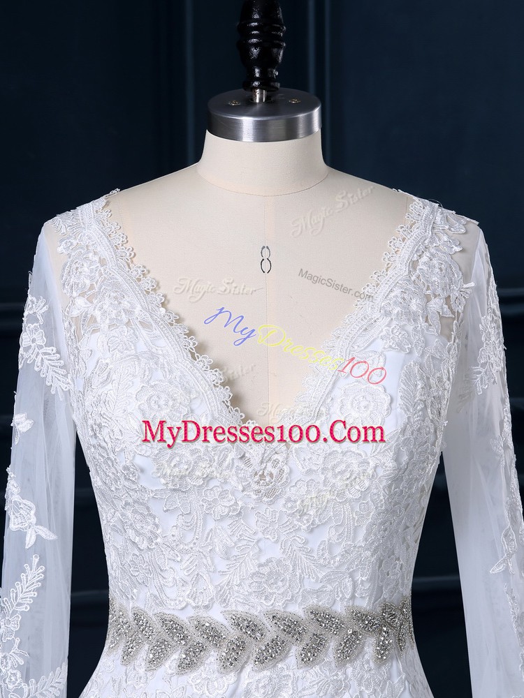 Long Sleeves Beading and Lace Backless Wedding Dress with White Brush Train