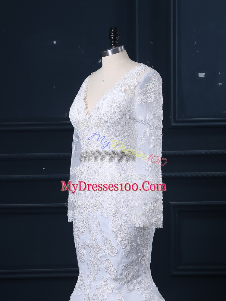 Long Sleeves Beading and Lace Backless Wedding Dress with White Brush Train