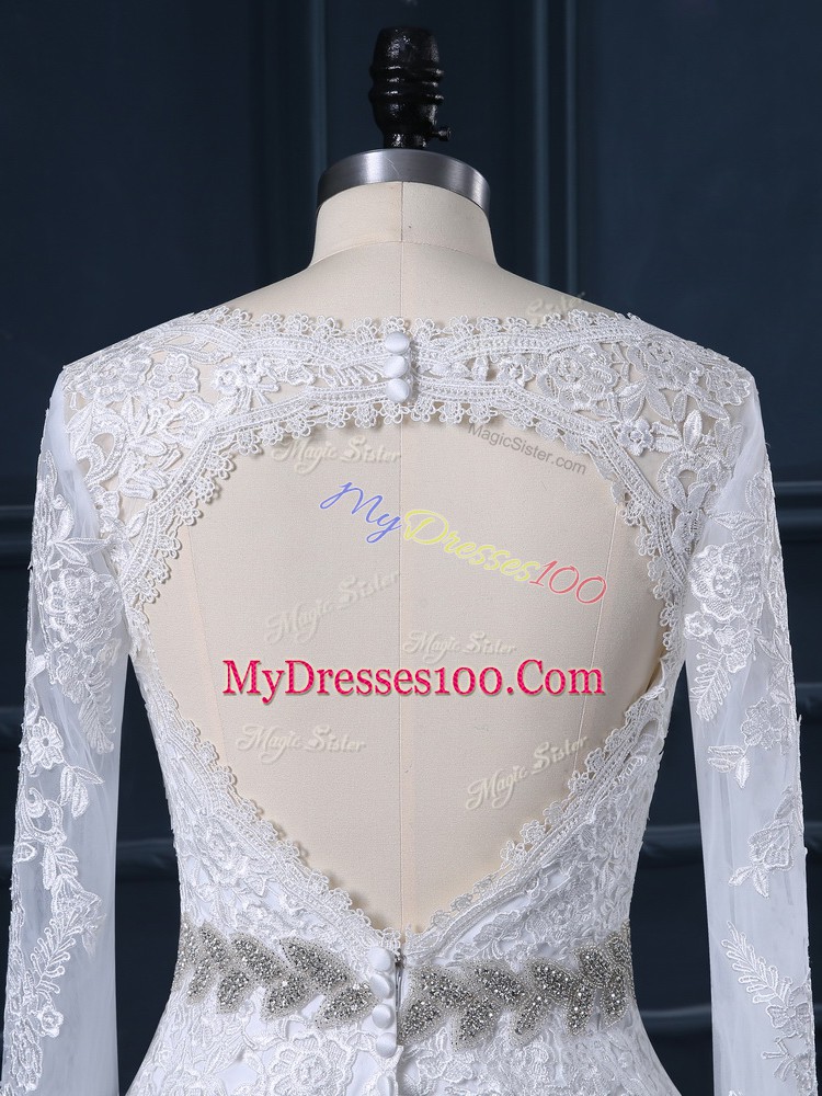 Long Sleeves Beading and Lace Backless Wedding Dress with White Brush Train