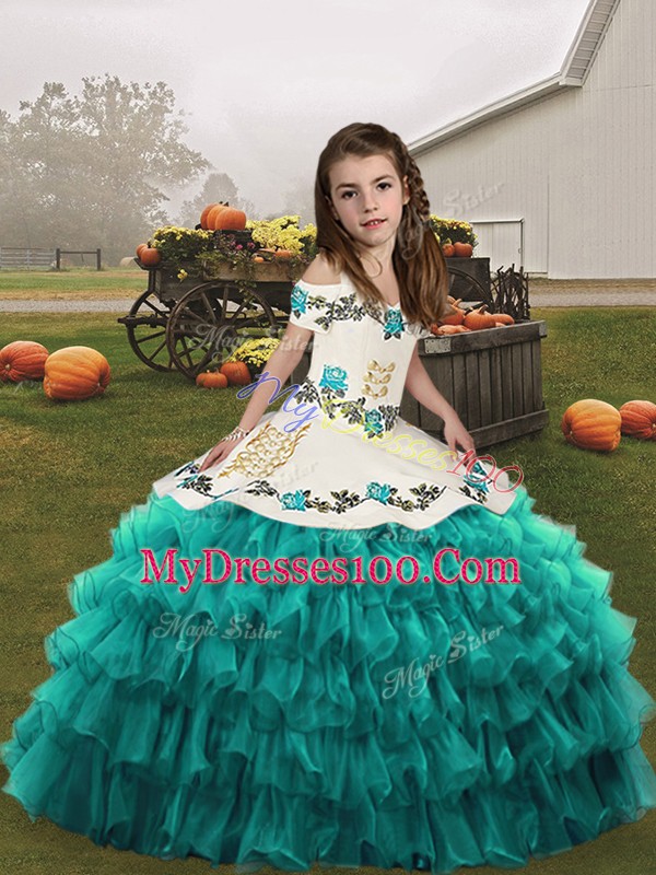 Unique Floor Length Teal Pageant Gowns For Girls Straps Sleeveless Lace Up