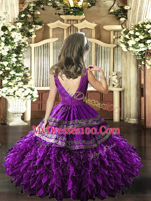 Enchanting V-neck Sleeveless Girls Pageant Dresses Floor Length Beading and Appliques and Ruffles and Ruching Eggplant Purple Organza