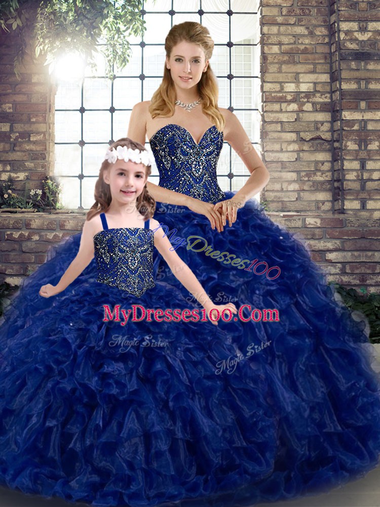 Flare Royal Blue Ball Gowns Sweetheart Sleeveless Organza Floor Length Lace Up Beading and Ruffles Vestidos de Quinceanera
