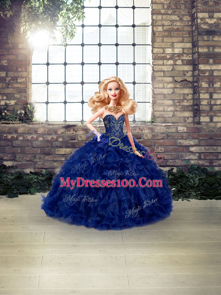 Flare Royal Blue Ball Gowns Sweetheart Sleeveless Organza Floor Length Lace Up Beading and Ruffles Vestidos de Quinceanera