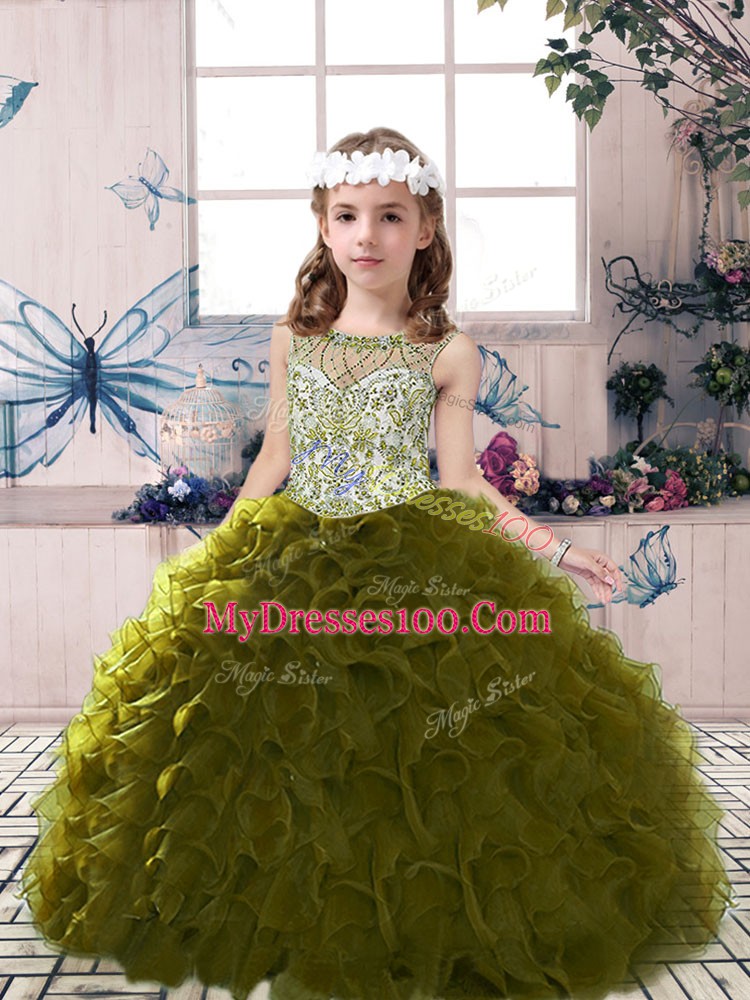 Olive Green Scoop Neckline Beading and Ruffles Little Girl Pageant Gowns Sleeveless Lace Up