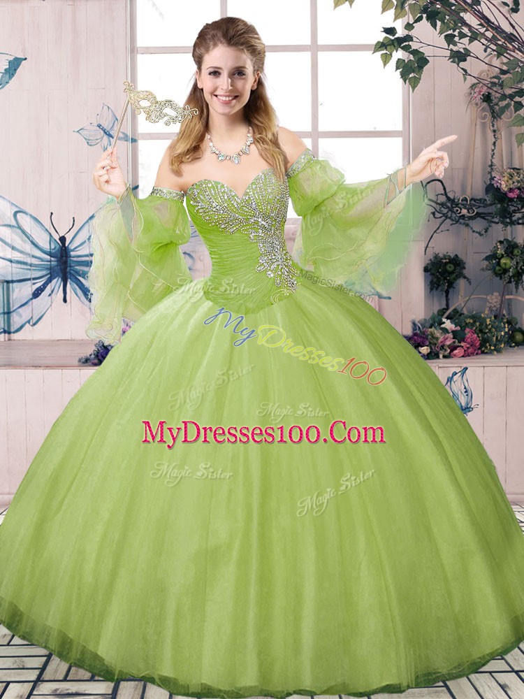 Beading Sweet 16 Dresses Olive Green Lace Up Long Sleeves Floor Length