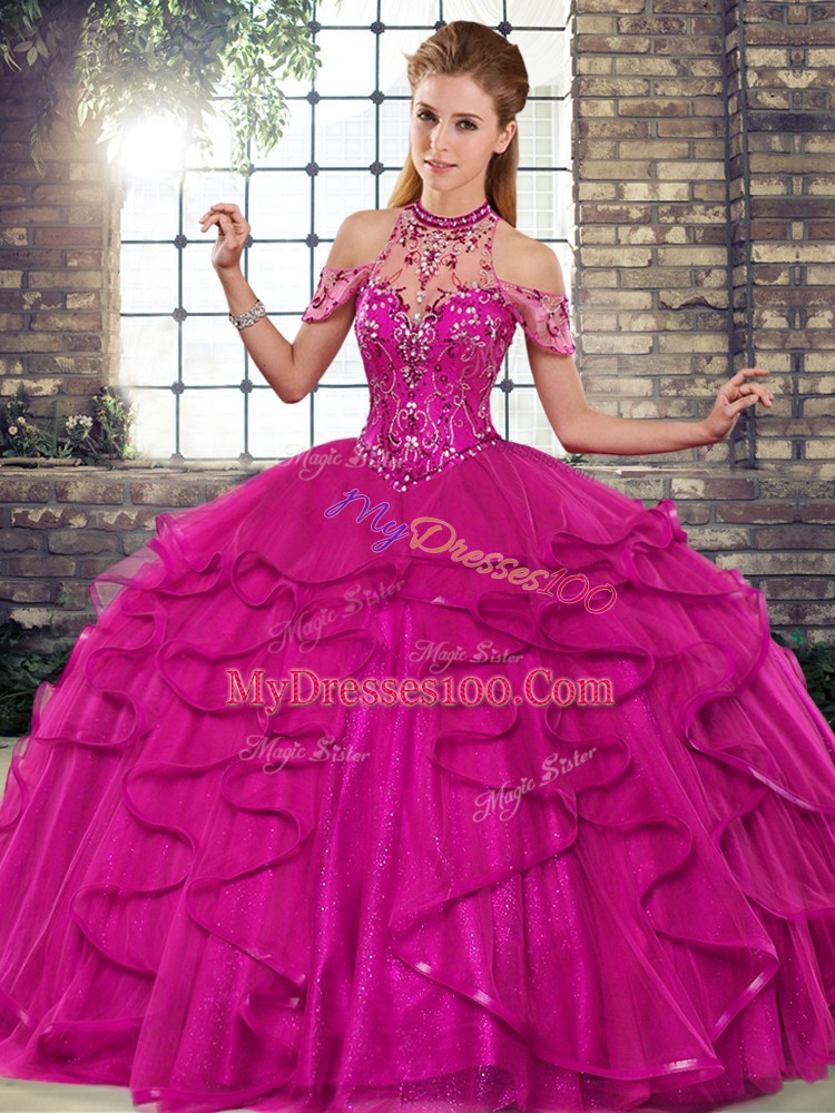 Fuchsia Ball Gowns Beading and Ruffles Sweet 16 Dresses Lace Up Tulle Sleeveless Floor Length