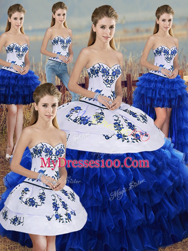 Free and Easy Floor Length Royal Blue Quinceanera Gowns Organza Sleeveless Embroidery and Ruffled Layers and Bowknot