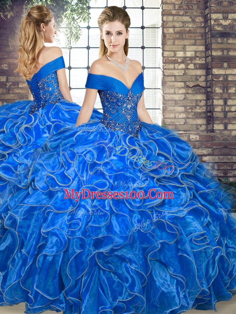 Royal Blue Quinceanera Gown Military Ball and Sweet 16 and Quinceanera with Beading and Ruffles Off The Shoulder Sleeveless Lace Up