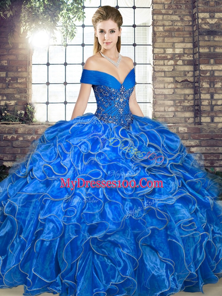 Royal Blue Quinceanera Gown Military Ball and Sweet 16 and Quinceanera with Beading and Ruffles Off The Shoulder Sleeveless Lace Up