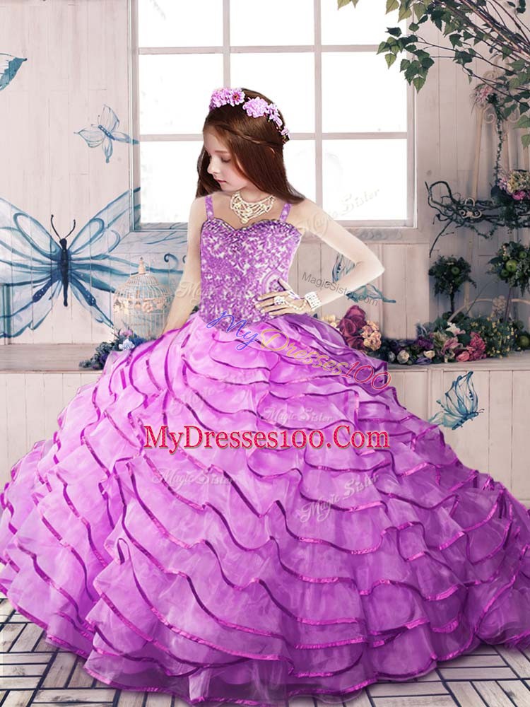 Fashionable Lilac Organza Lace Up Child Pageant Dress Sleeveless Court Train Ruffled Layers