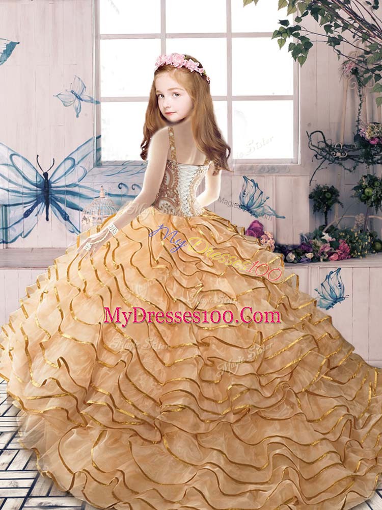 Fashionable Lilac Organza Lace Up Child Pageant Dress Sleeveless Court Train Ruffled Layers
