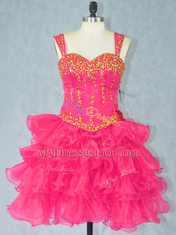 Eye-catching Sleeveless Mini Length Beading and Ruffled Layers Lace Up Homecoming Dress with Hot Pink