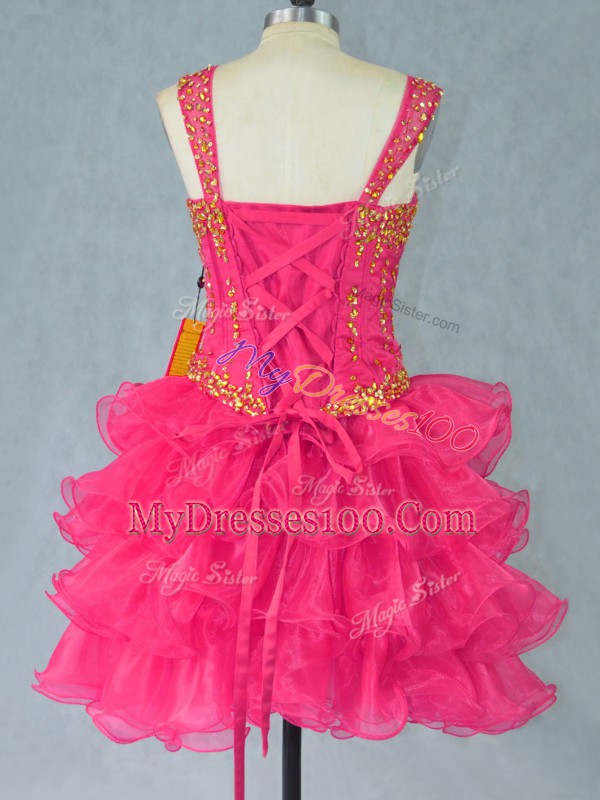 Eye-catching Sleeveless Mini Length Beading and Ruffled Layers Lace Up Homecoming Dress with Hot Pink