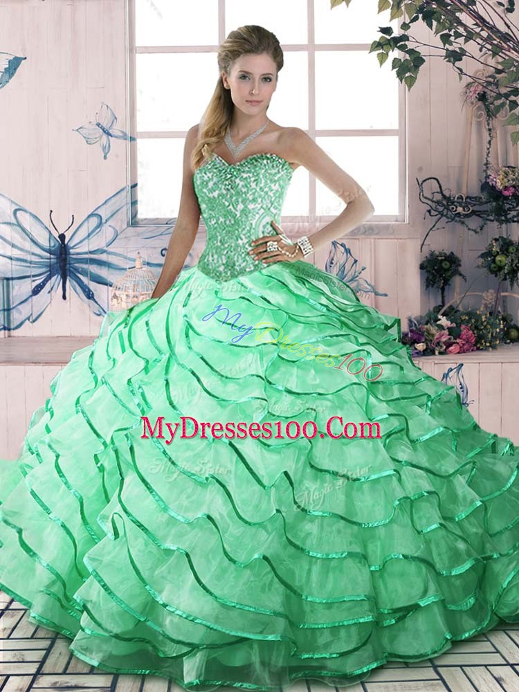 Ruffled Layers Quinceanera Dress Apple Green Lace Up Sleeveless Brush Train