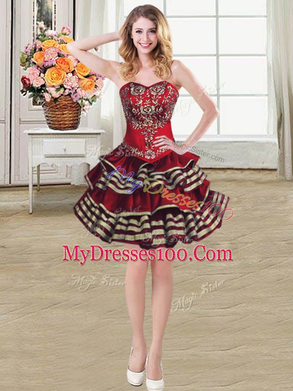 Amazing Burgundy Sweetheart Neckline Embroidery and Ruffled Layers Homecoming Dress Sleeveless Lace Up