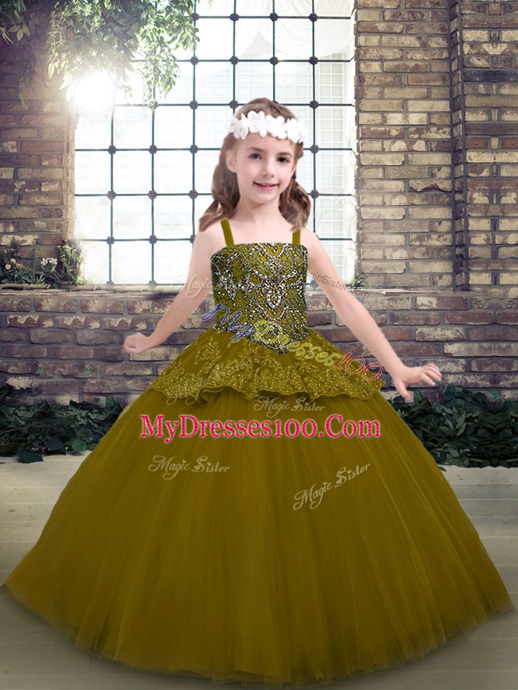 Adorable Olive Green Ball Gowns Straps Sleeveless Tulle Floor Length Lace Up Beading Glitz Pageant Dress