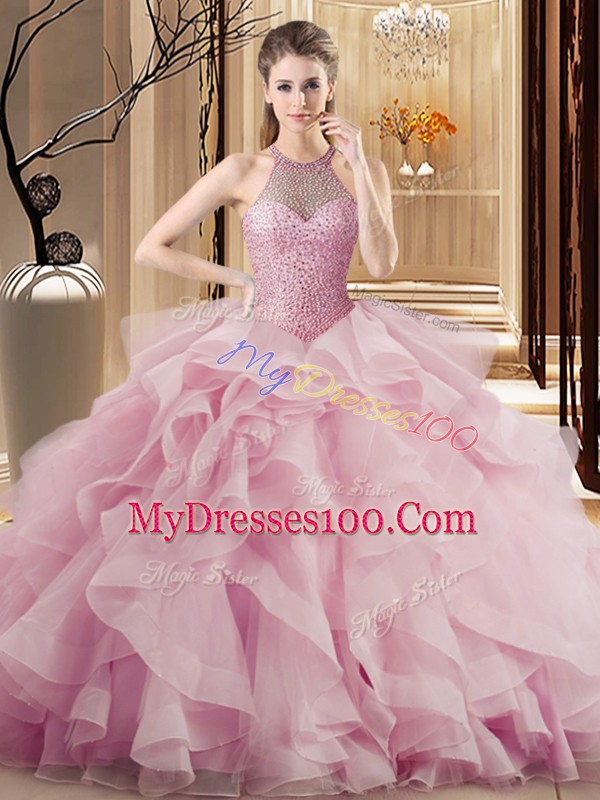 Beading and Ruffles 15 Quinceanera Dress Pink Lace Up Sleeveless Sweep Train
