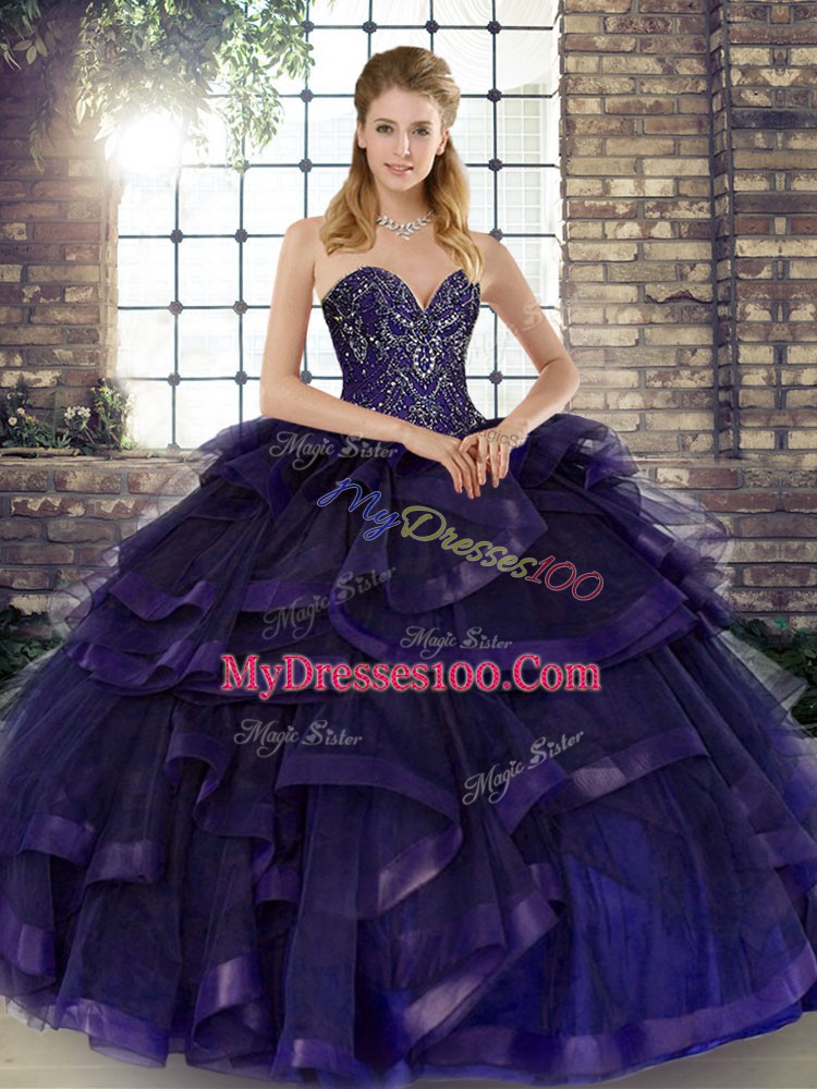 Exceptional Purple Sweetheart Lace Up Beading and Ruffles Vestidos de Quinceanera Sleeveless