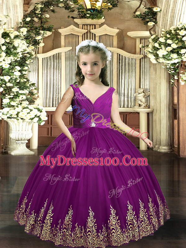 Floor Length Backless Girls Pageant Dresses Eggplant Purple for Party and Wedding Party with Embroidery