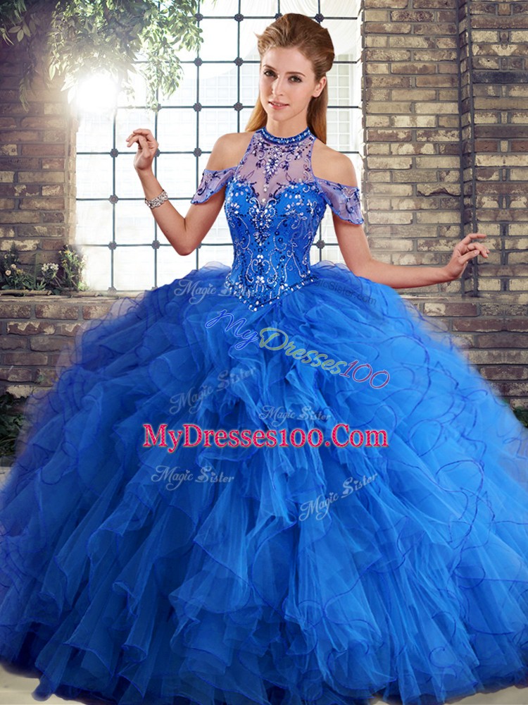 Dazzling Tulle Sleeveless Floor Length Quinceanera Gowns and Beading and Ruffles