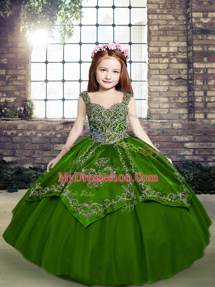 Elegant Floor Length Lace Up Girls Pageant Dresses Green for Party and Military Ball and Wedding Party with Beading and Embroidery