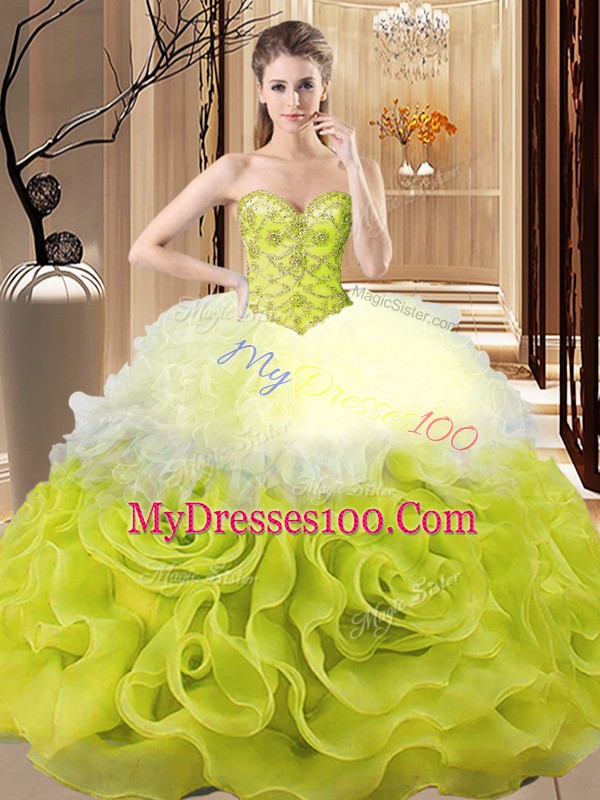Custom Design Organza Sweetheart Sleeveless Lace Up Beading and Ruffles 15th Birthday Dress in Multi-color