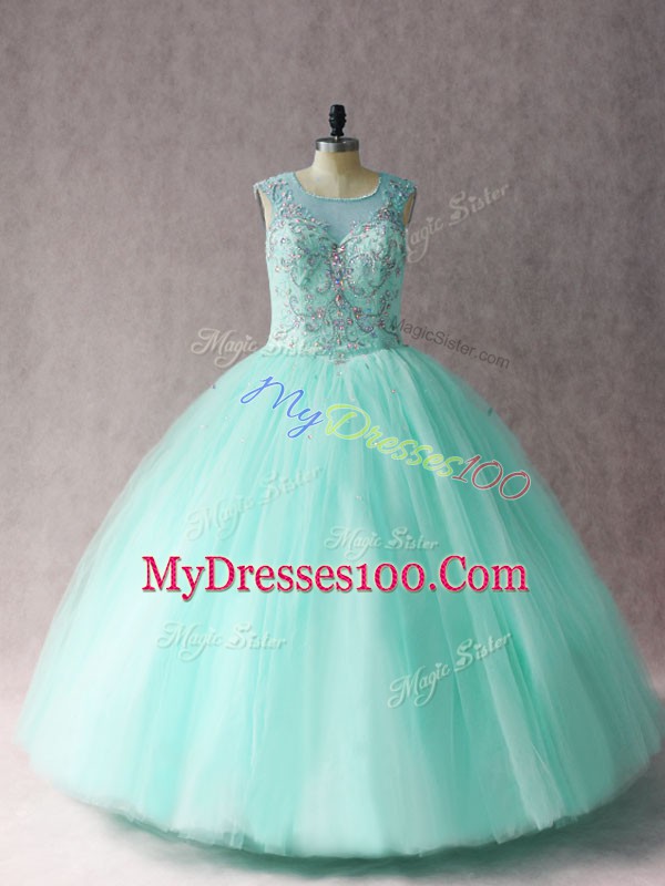Apple Green Scoop Lace Up Beading Quinceanera Dress Sleeveless