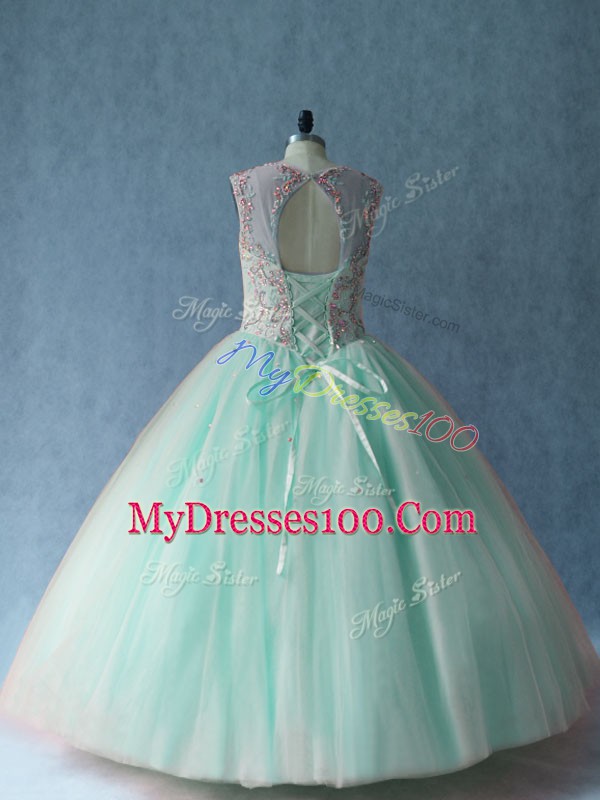 Apple Green Scoop Lace Up Beading Quinceanera Dress Sleeveless