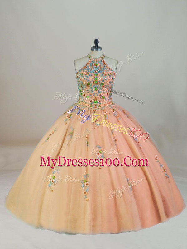 Top Selling Sleeveless Brush Train Lace Up Appliques and Embroidery Sweet 16 Quinceanera Dress