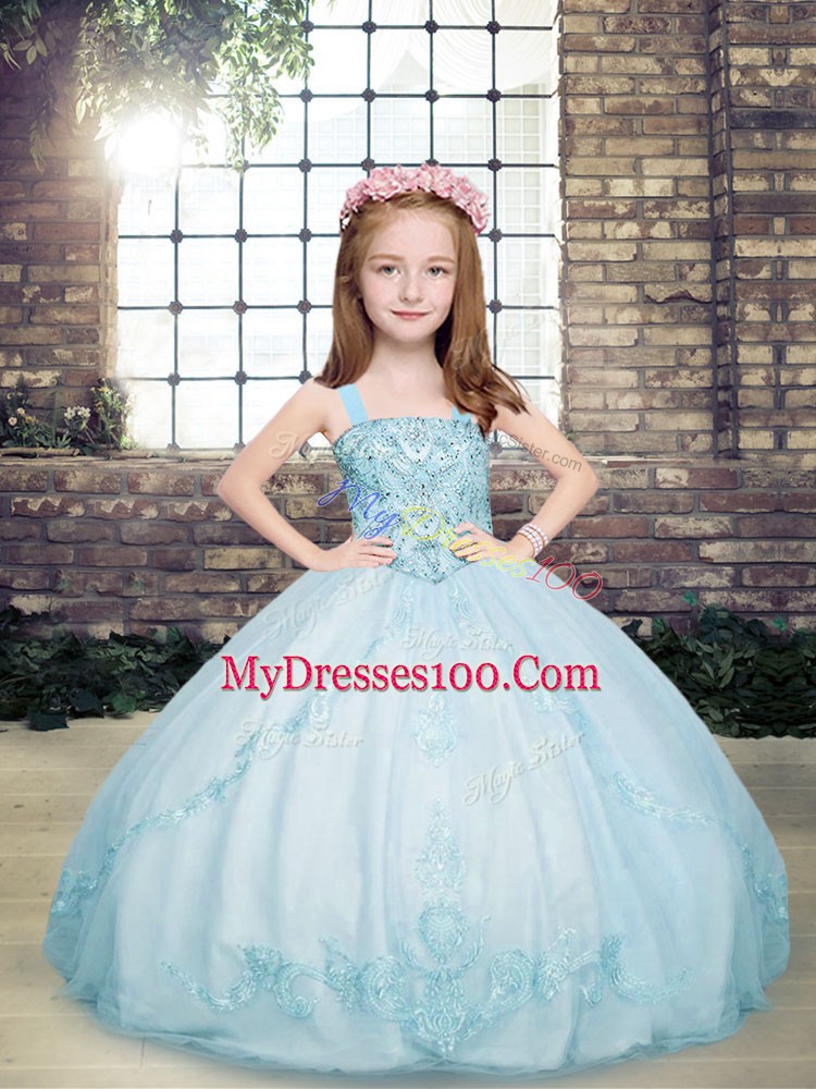 Light Blue Tulle Lace Up Little Girls Pageant Dress Wholesale Sleeveless Floor Length Beading