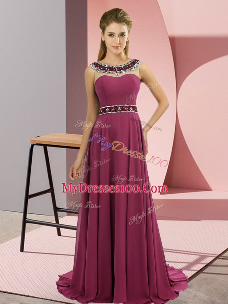 Captivating Sleeveless Chiffon Brush Train Zipper Dress for Prom in Fuchsia with Beading