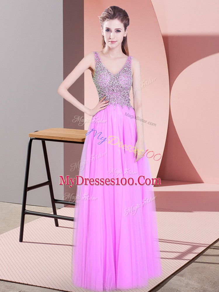 Lovely V-neck Sleeveless Prom Evening Gown Floor Length Beading Lilac Tulle
